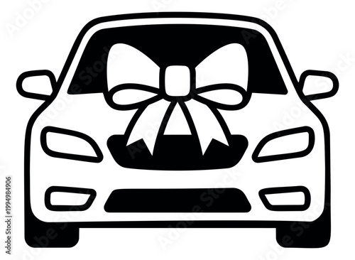 Outline illustration of a car with gift bow depicting a vehicle present for holiday and automotive promotion design