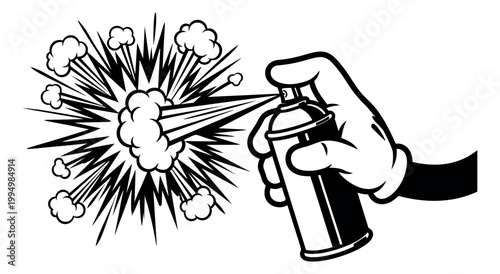 Cartoon illustration of a hand holding spray can depicting explosive burst effect for action and graffiti design