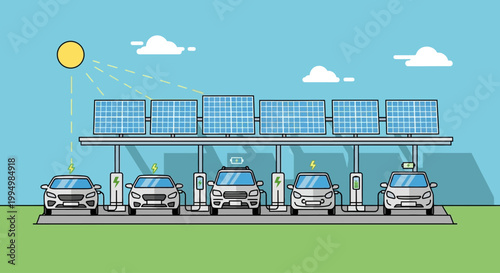 Electric cars charging at a solar-powered station on a sunny day.