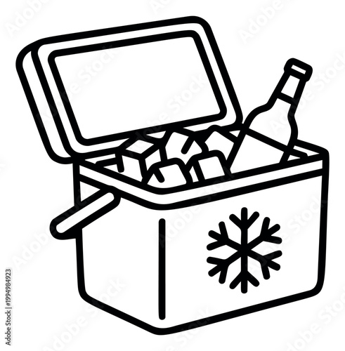 Outline illustration of an open cooler box depicting ice cubes and a bottle for summer and outdoor use