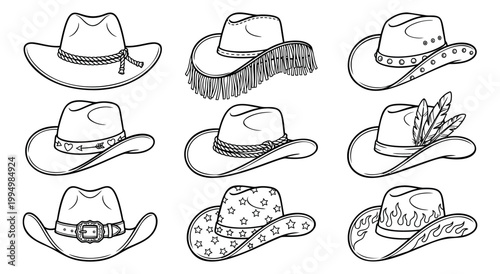 Outline icon set of 9 cowboy hats featuring fringe, studs, feathers, stars and flames designs for western theme