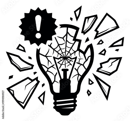 Bold cartoon illustration of a shattered light bulb with spider web depicting a broken idea concept for creative and warning design