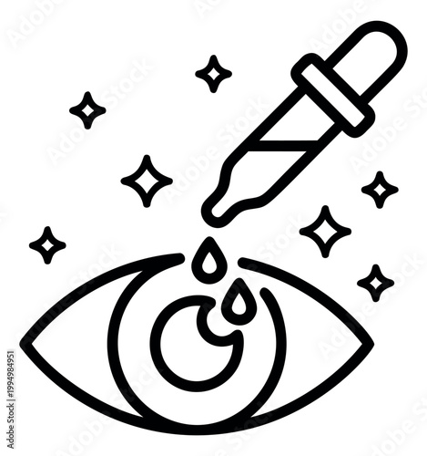 Outline illustration of eye drops depicting dropper applying liquid to human eye for medical and ophthalmology design
