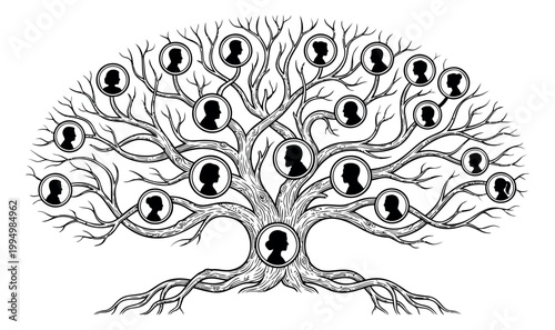 Silhouette illustration of a family tree depicting ancestor portraits on decorative branches for genealogy and heritage design