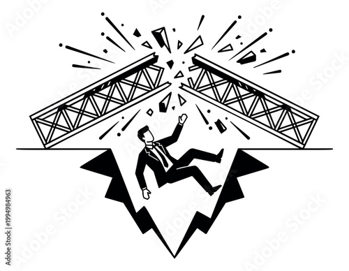 Bold cartoon illustration of businessman falling through cracked ground depicting bridge collapse and business failure for finance and crisis design