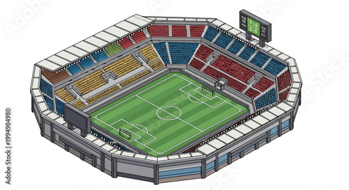 Isometric view of a soccer stadium with colorful seats