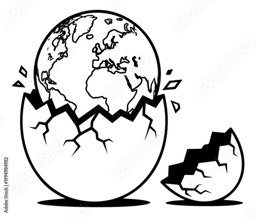 Cartoon illustration of planet Earth hatching from a cracked egg depicting global birth concept for environment and education design