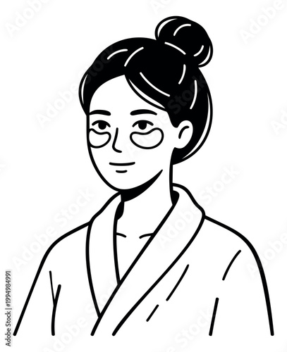 Line art illustration of a young woman depicting a relaxed spa routine with eye patches and hair bun for beauty and wellness design