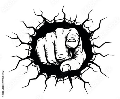 Engraving illustration of a pointing finger fist bursting through a cracked wall depicting power and challenge for motivational design