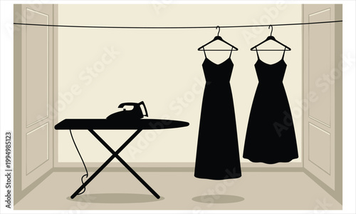 Laundry room, ironing board, dresses on hangers, clothing care, household chores