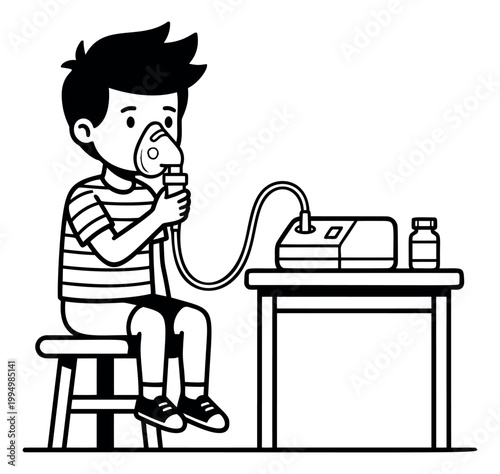Cartoon illustration of a child using a nebulizer mask depicting respiratory treatment for medical and healthcare design