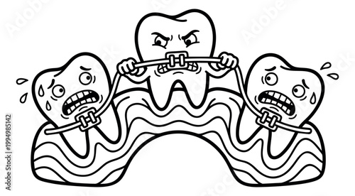 Cartoon illustration of angry tooth with braces depicting dental crowding and orthodontic pressure for dental health design
