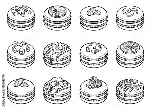 Outline icon set of 12 macarons featuring various toppings including berries, citrus, nuts and flowers for bakery design