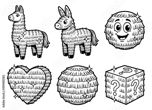 Cartoon icon set of 6 pinata shapes featuring llama, donkey, heart, ball and mystery box designs for fiesta party celebration
