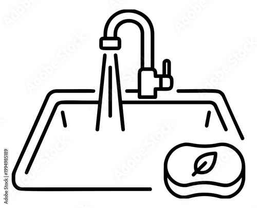 Outline illustration of kitchen sink depicting running water faucet with soap bar for household and cleaning design