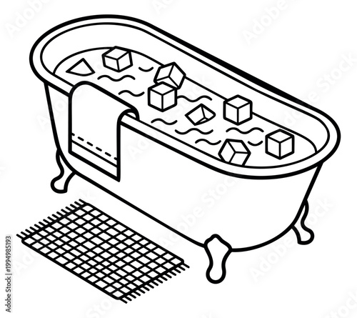 Outline illustration of a clawfoot bathtub depicting floating ice cubes with towel and bath mat for home and bathroom design