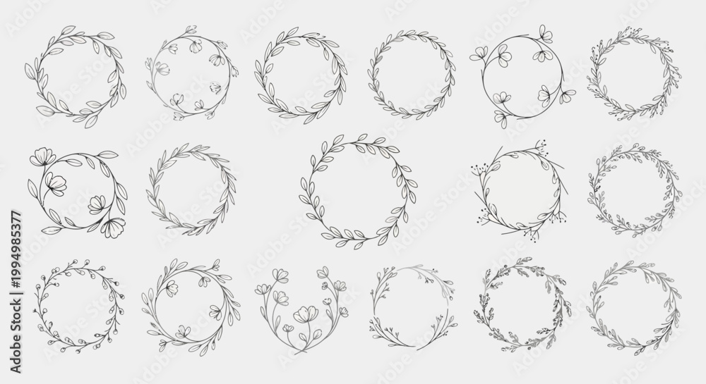 Obraz premium Flowers Floral Wreath Vector Set, 20 Illustrations, Line Art, Botanical Frames, Decoration Elements isolated on White Background vactor EPS