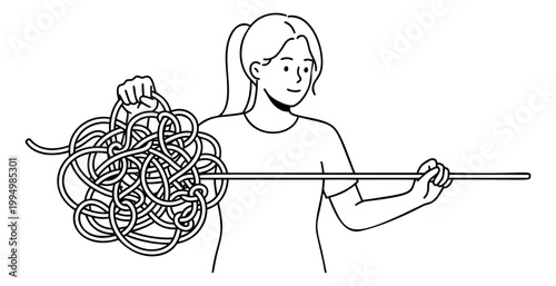 Line art illustration of woman holding tangled rope and straight line depicting problem solving and simplification for business and psychology design