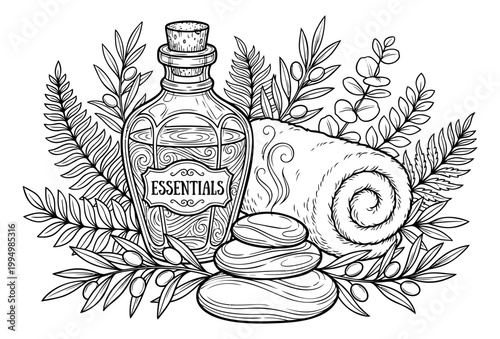Outline illustration of essential oil bottle with spa stones towel and botanical herbs depicting wellness and relaxation for beauty and aromatherapy design