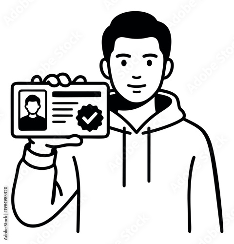 Outline illustration of a young man holding an ID card depicting identity verification and authentication for business and security design