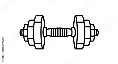 Black and white line art icon of a heavy gym dumbbell for fitness and weight training.