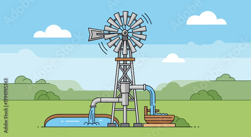 Farm windmill pumps water into a trough and pond.