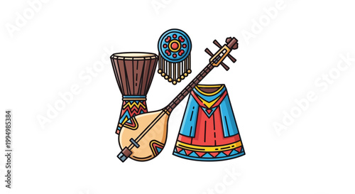 Traditional Kazakh musical instruments and folk culture vector illustration