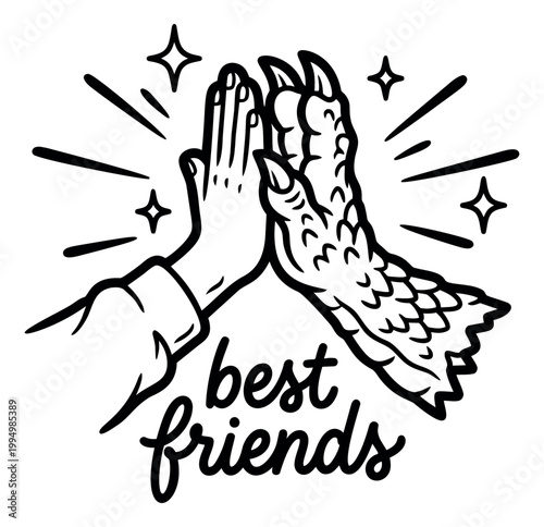 Cartoon illustration of a human hand and dragon claw high five depicting best friends bond for friendship and fantasy design