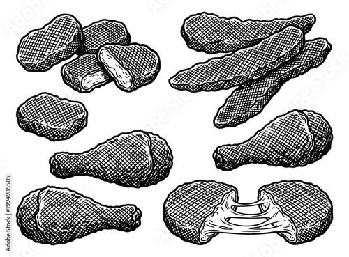 Engraving icon set of 9 fried chicken pieces featuring nuggets, strips, drumsticks and burger patty for food menu design