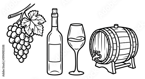 Outline icon set of 4 winery elements featuring grape bunch, wine bottle, glass and barrel for beverage design
