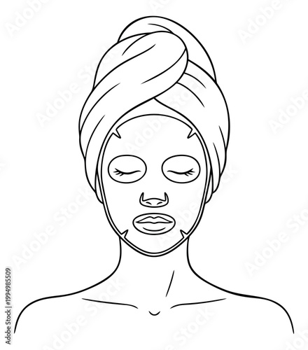 Line art illustration of woman with face mask depicting skincare beauty routine for spa and wellness design