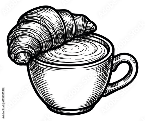 Engraving illustration of coffee cup and croissant depicting a classic cafe breakfast pairing for food and beverage design