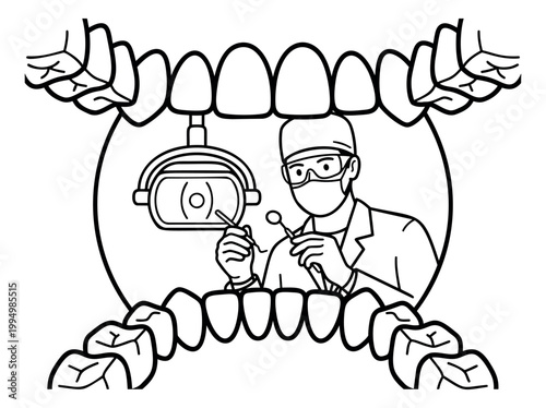 Outline illustration of dentist working inside open mouth depicting dental examination and treatment for healthcare design