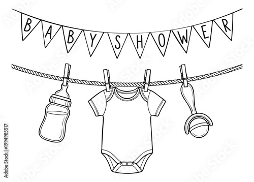 Outline illustration of baby shower bunting and clothesline depicting newborn items including onesie bottle and pacifier for celebration design