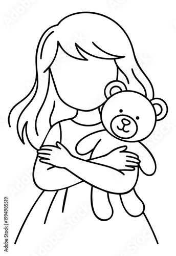 Outline illustration of a girl hugging teddy bear depicting childhood comfort and affection for kids and nursery design