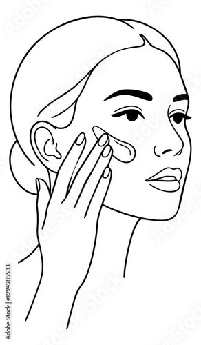 Line art illustration of a woman applying skincare product depicting facial beauty routine for cosmetic and wellness design