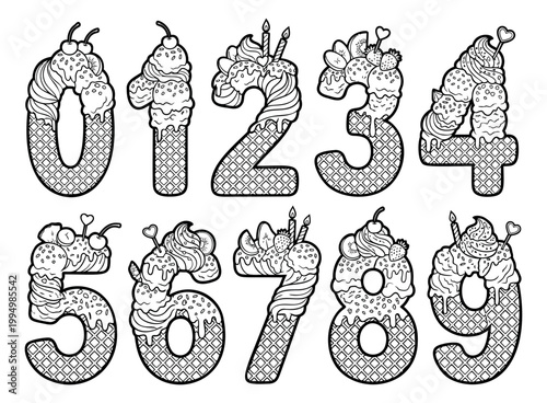 Cartoon icon set of 10 decorative sweet numbers featuring ice cream dessert toppings and waffle texture for birthday design