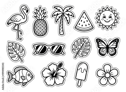 Outline sticker set of 14 summer tropical icons featuring flamingo, pineapple, palm tree, watermelon and beach elements for seasonal design