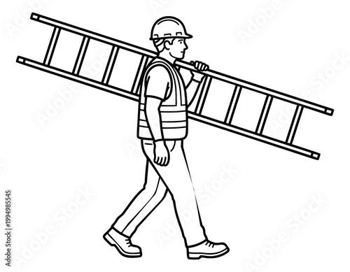 Line art illustration of a construction worker depicting a man carrying a ladder while walking for safety and labor design