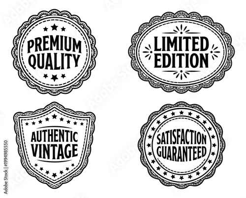 Vintage engraving badge set of 4 featuring premium quality, limited edition, authentic vintage and satisfaction guaranteed labels for retro branding