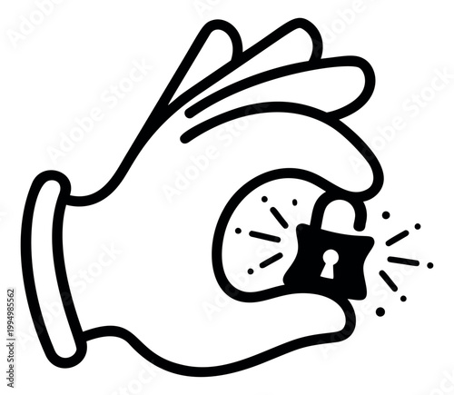 Cartoon illustration of hand holding an unlocked padlock depicting security access and data protection for business and technology design