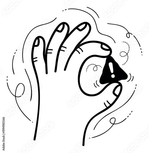 Cartoon outline illustration of a hand cupping an ear with a warning sign depicting listening alert concept for communication design
