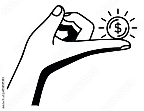 Outline illustration of hand holding coin depicting payment and earning concept for finance and business design