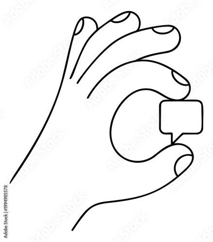 Line art illustration of hand holding small object depicting pinch grip gesture for technology and communication design