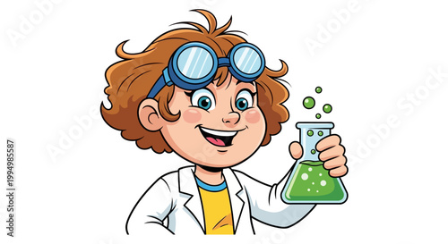 Happy cartoon girl in goggles with a bubbling science flask