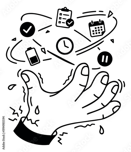 Cartoon illustration of a stressed hand reaching upward depicting overwhelm and task management chaos for productivity and business design