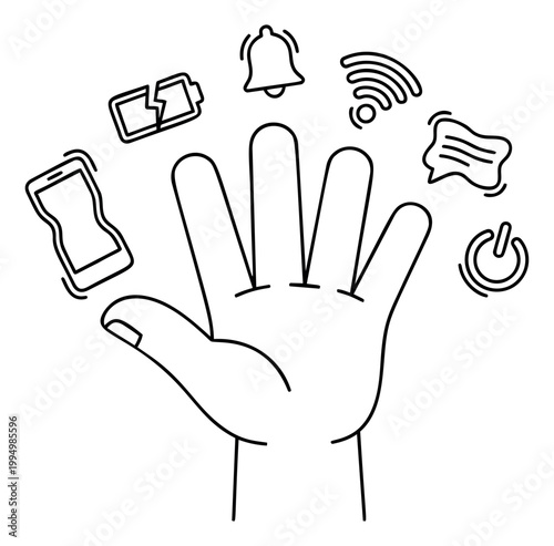 Outline illustration of open hand depicting digital technology icons including notification bell wifi signal and power button for mobile app design