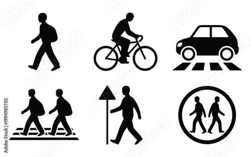 Pedestrian icons, walking symbols, road signs, transportation graphics, black silhouette set