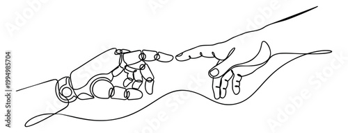Continuous line art illustration of robot and human hands reaching toward each other depicting artificial intelligence connection for technology design