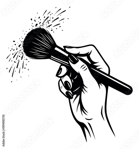 Woodcut illustration of a feminine hand holding a makeup brush depicting powder splash for beauty and cosmetics design